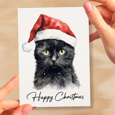 Cat Christmas Card Featuring A Black Cat Wearing a Santa Hat Fun Christmas Card For Him or Her Christmas Card For Anyone Christmas Gift