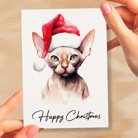 Cat Christmas Card Featuring A Sphynx Cat Wearing a Santa Hat Fun Christmas Card For Him or Her Christmas Card For Anyone Christmas Gift