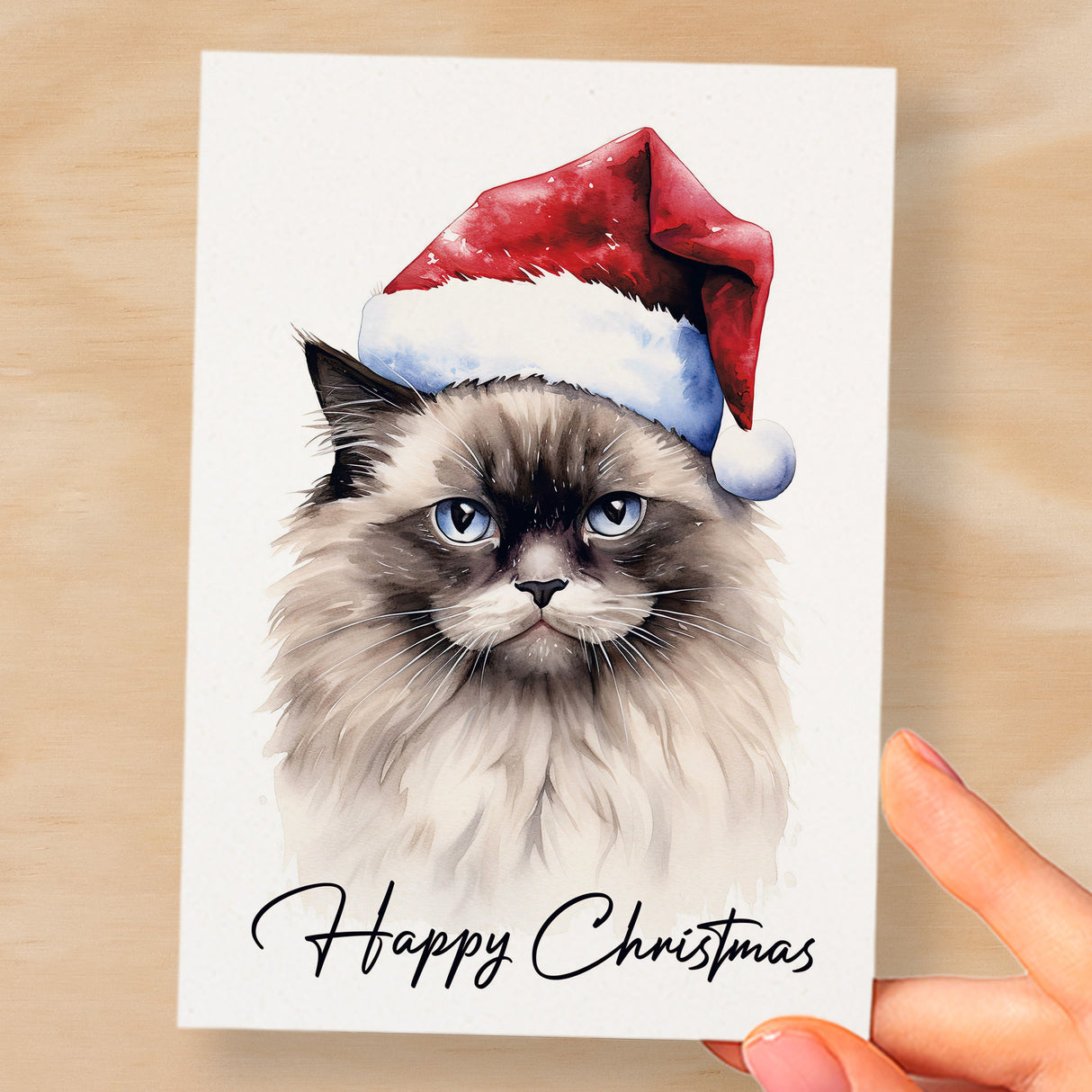 Cat Christmas Card Featuring A Ragdoll Cat Wearing a Santa Hat Fun Christmas Card For Him or Her Christmas Card For Anyone Christmas Gift