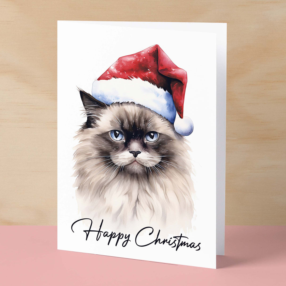 Cat Christmas Card Featuring A Ragdoll Cat Wearing a Santa Hat Fun Christmas Card For Him or Her Christmas Card For Anyone Christmas Gift