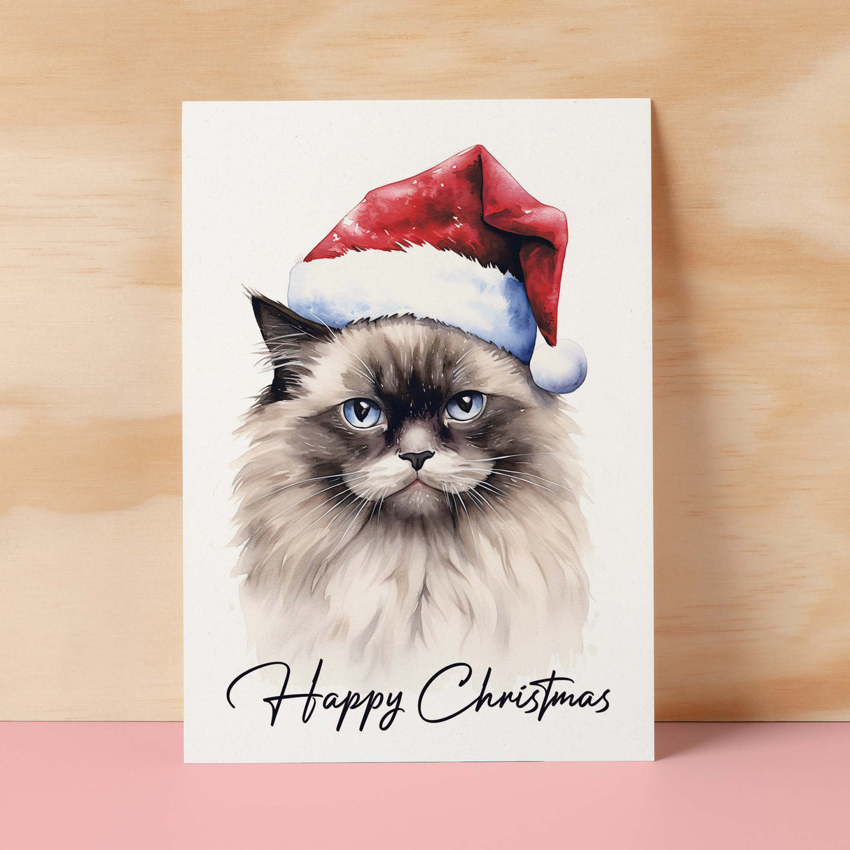 Cat Christmas Card Featuring A Ragdoll Cat Wearing a Santa Hat Fun Christmas Card For Him or Her Christmas Card For Anyone Christmas Gift