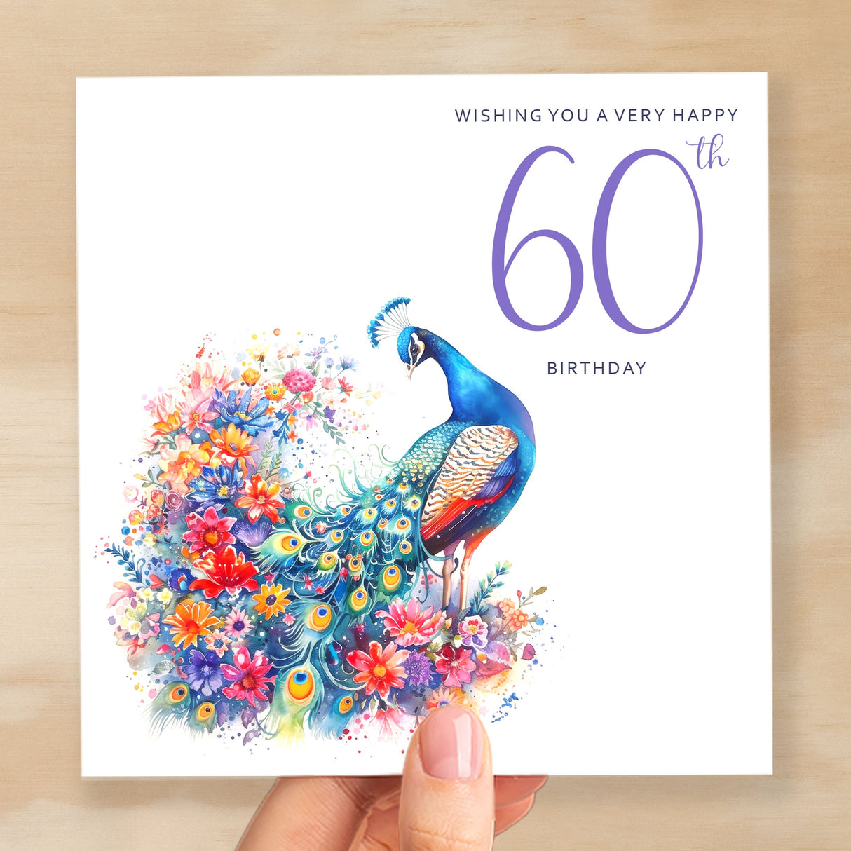 60th Birthday Card With Peacock Illustration Pretty Sixty Card For Mum, Gran or Friend Sixieth Birthday Card