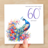 60th Birthday Card With Peacock Illustration Pretty Sixty Card For Mum, Gran or Friend Sixieth Birthday Card