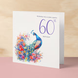 60th Birthday Card With Peacock Illustration Pretty Sixty Card For Mum, Gran or Friend Sixieth Birthday Card