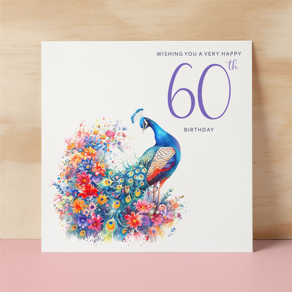 60th Birthday Card With Peacock Illustration Pretty Sixty Card For Mum, Gran or Friend Sixieth Birthday Card