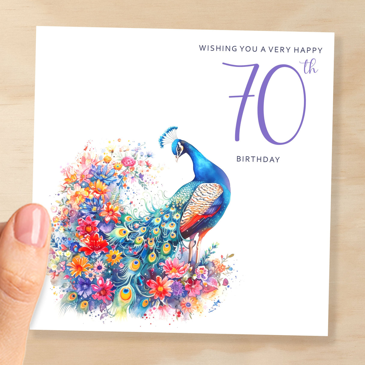 70th Birthday Card With Peacock Illustration Pretty Seventy Card For Mum, Gran or Friend Seventieth Birthday Card