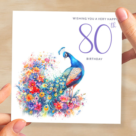 80th Birthday Card With Peacock Illustration Pretty Eighty Card For Mum, Gran or Friend Eightieth Birthday Card