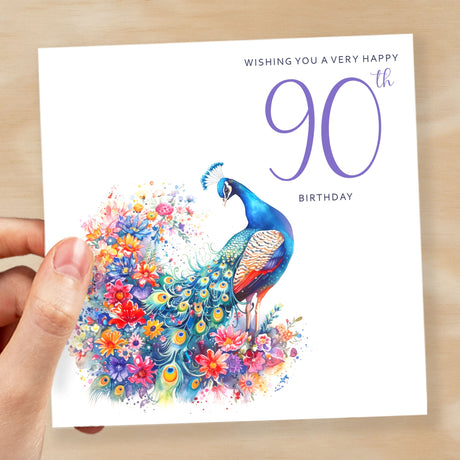 90th Birthday Card With Peacock Illustration Pretty Ninty Card For Mum, Gran or Friend Ninetieth Birthday Card