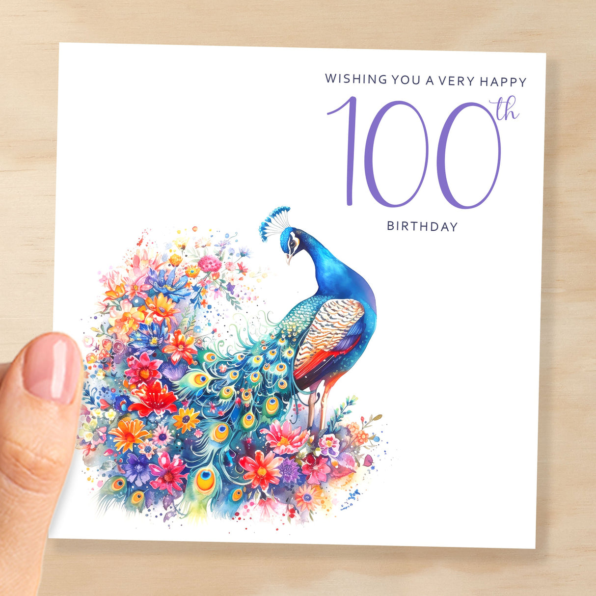 100th Birthday Card With Peacock Illustration Pretty One Hundred Card For Mum, Gran or Friend One Hundredth Birthday Card