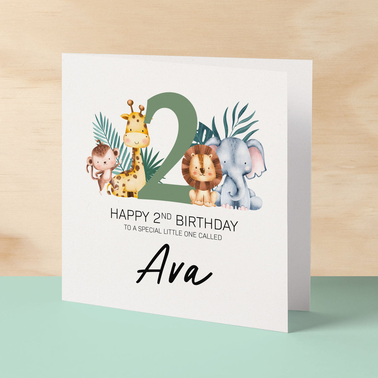 Personalised 2nd Birthday Children's Card Jungle Themed Second Birthday Card For Boy or Girl Two Years Custom Card