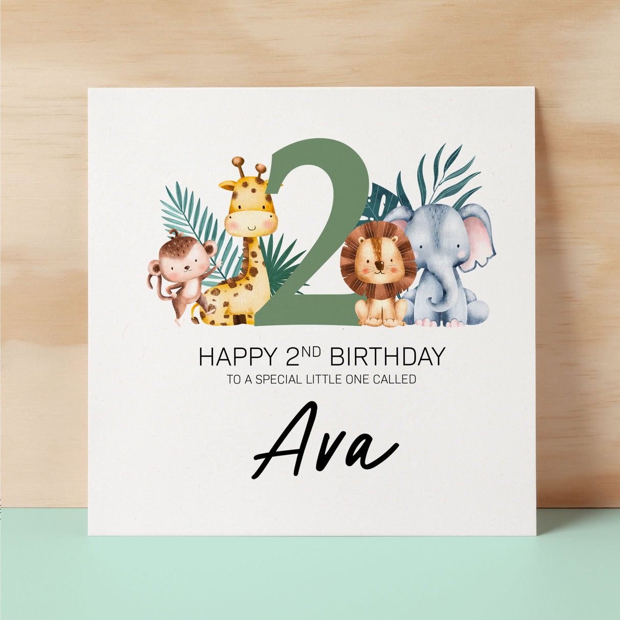 Personalised 2nd Birthday Children's Card Jungle Themed Second Birthday Card For Boy or Girl Two Years Custom Card