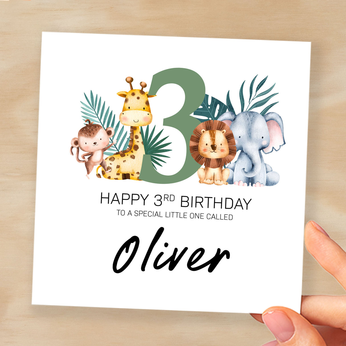 Personalised 3rd Birthday Children's Card Jungle Themed Third Birthday Card For Boy or Girl Three Years Custom Card