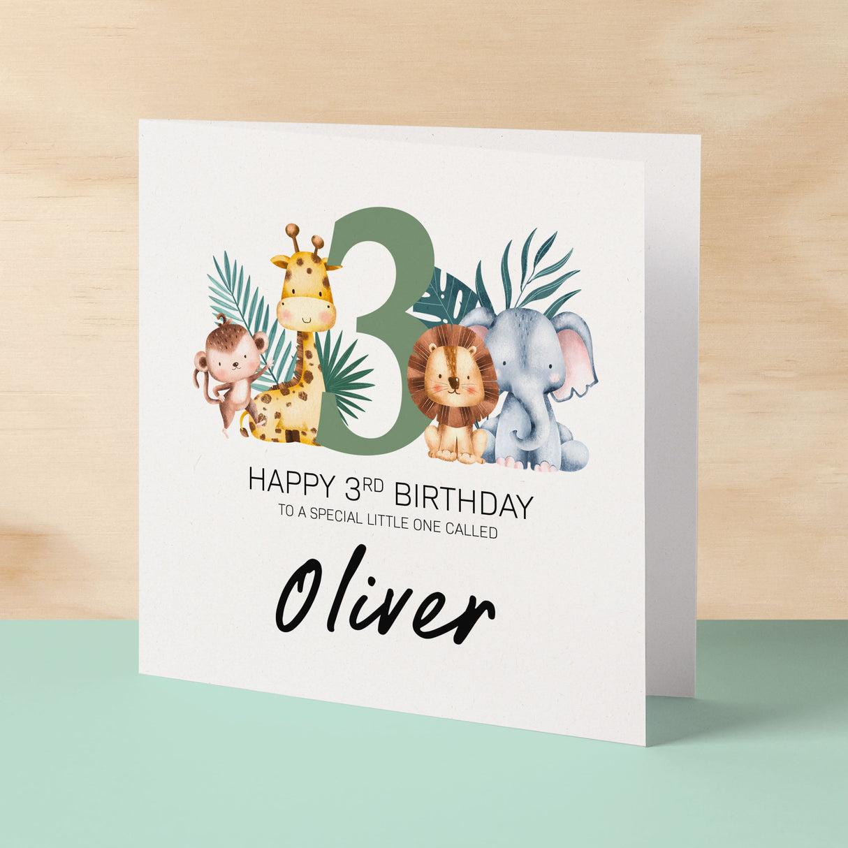 Personalised 3rd Birthday Children's Card Jungle Themed Third Birthday Card For Boy or Girl Three Years Custom Card