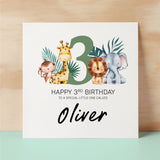 Personalised 3rd Birthday Children's Card Jungle Themed Third Birthday Card For Boy or Girl Three Years Custom Card