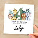 Personalised 4th Birthday Children's Card Jungle Themed Fourth Birthday Card For Boy or Girl Four Years Custom Card