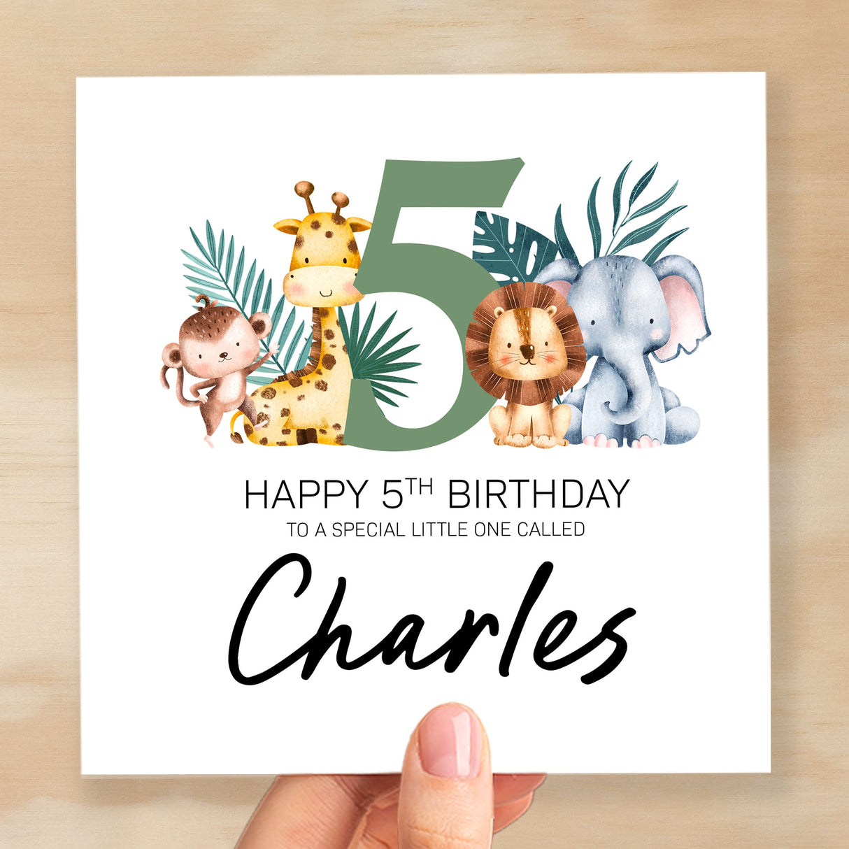 Personalised 5th Birthday Children's Card Jungle Themed Fifth Birthday Card For Boy or Girl Five Years Custom Card