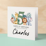 Personalised 5th Birthday Children's Card Jungle Themed Fifth Birthday Card For Boy or Girl Five Years Custom Card