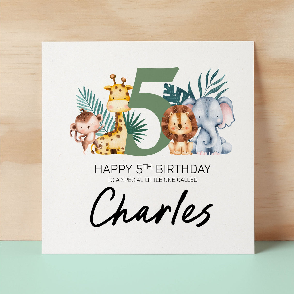 Personalised 5th Birthday Children's Card Jungle Themed Fifth Birthday Card For Boy or Girl Five Years Custom Card