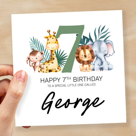 Personalised 7th Birthday Children's Card Jungle Themed Seventh Birthday Card For Boy or Girl Seven Years Custom Card