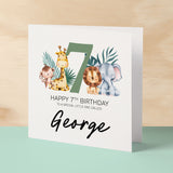 Personalised 7th Birthday Children's Card Jungle Themed Seventh Birthday Card For Boy or Girl Seven Years Custom Card