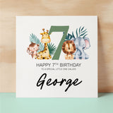 Personalised 7th Birthday Children's Card Jungle Themed Seventh Birthday Card For Boy or Girl Seven Years Custom Card