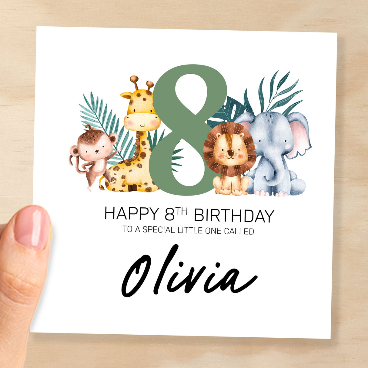 Personalised 8th Birthday Children's Card Jungle Themed Eighth Birthday Card For Boy or Girl Eight Years Custom Card