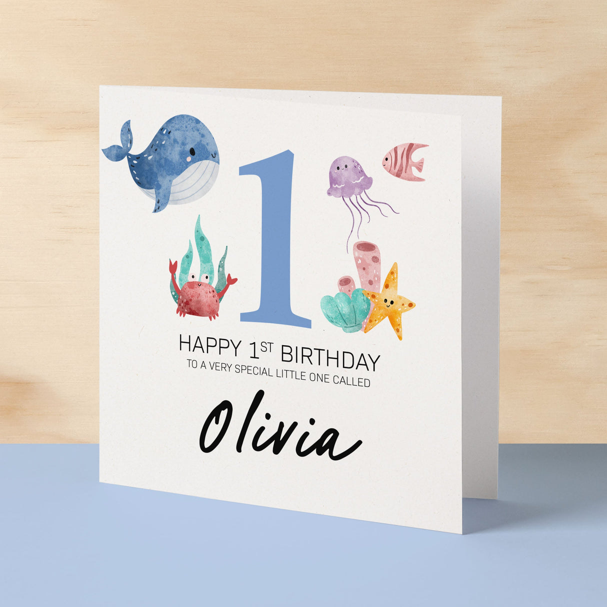 Personalised 1st Birthday Children's Card Sealife Themed First Birthday Card For Boy or Girl One Year Custom Card