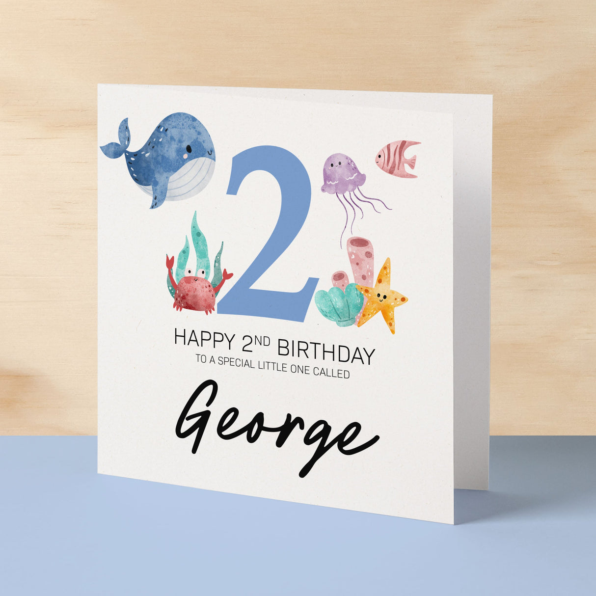 Personalised 2nd Birthday Children's Card Sealife Themed Second Birthday Card For Boy or Girl Two Years Custom Card