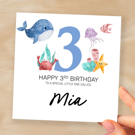 Personalised 3rd Birthday Children's Card Sealife Themed Third Birthday Card For Boy or Girl Three Years Custom Card