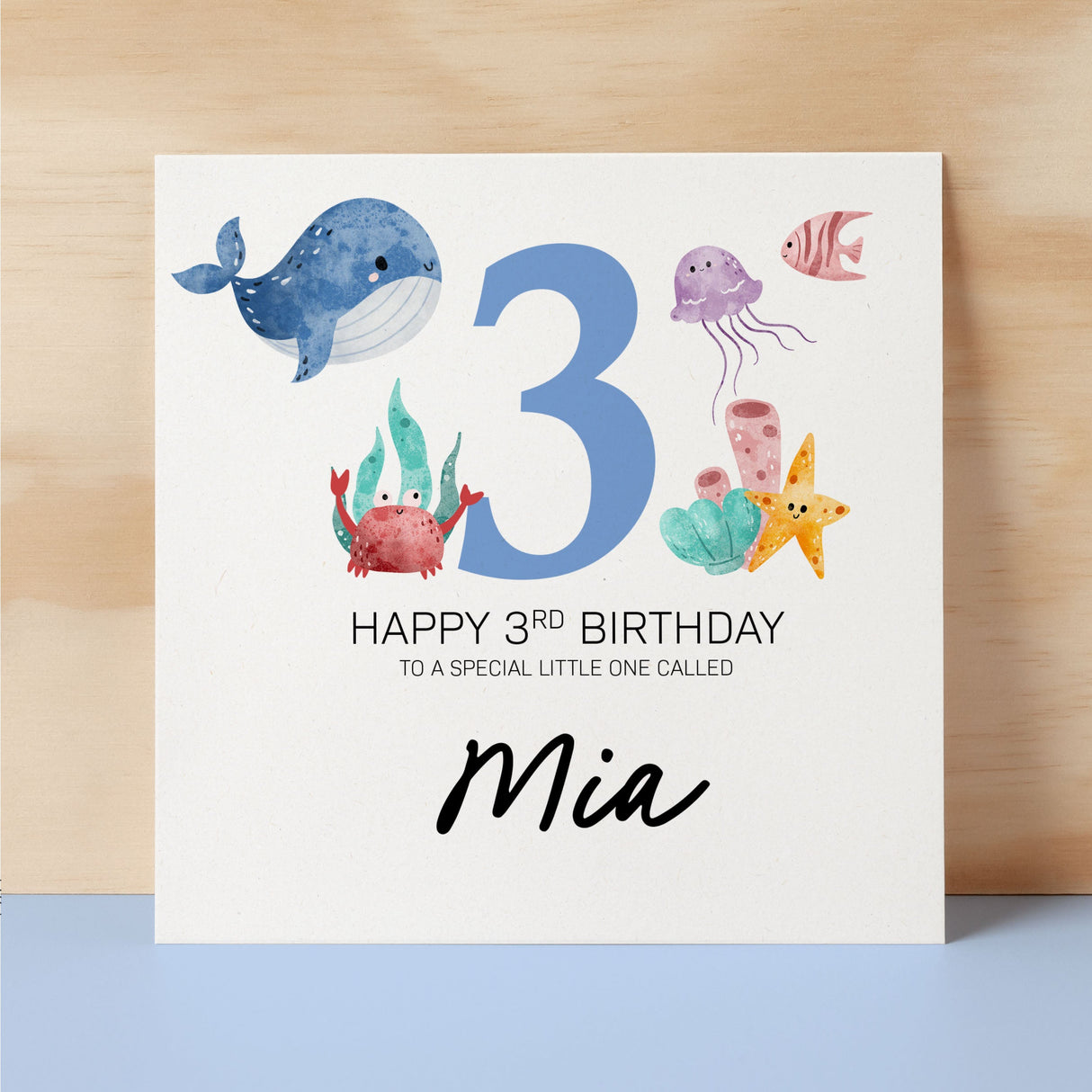 Personalised 3rd Birthday Children's Card Sealife Themed Third Birthday Card For Boy or Girl Three Years Custom Card