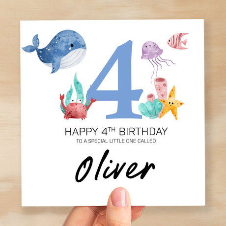 Personalised 4th Birthday Children's Card Sealife Themed Fourth Birthday Card For Boy or Girl Four Years Custom Card