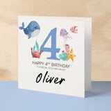 Personalised 4th Birthday Children's Card Sealife Themed Fourth Birthday Card For Boy or Girl Four Years Custom Card