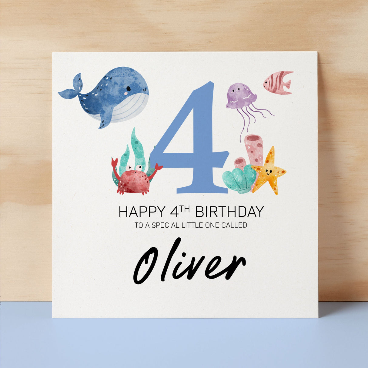 Personalised 4th Birthday Children's Card Sealife Themed Fourth Birthday Card For Boy or Girl Four Years Custom Card