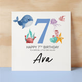 Personalised 7th Birthday Children's Card Sealife Themed Seventh Birthday Card For Boy or Girl Seven Years Custom Card