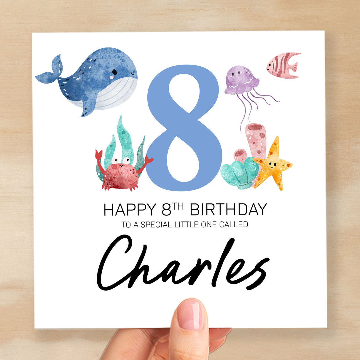 Personalised 8th Birthday Children's Card Sealife Themed Eighth Birthday Card For Boy or Girl Eight Years Custom Card