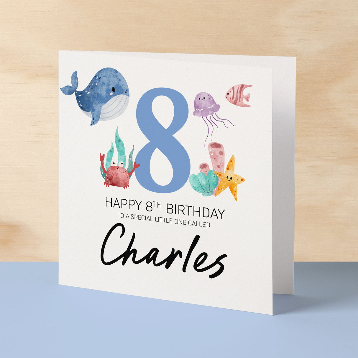 Personalised 8th Birthday Children's Card Sealife Themed Eighth Birthday Card For Boy or Girl Eight Years Custom Card