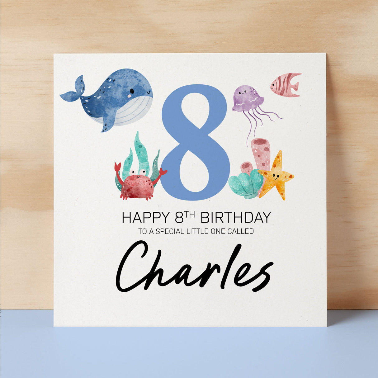 Personalised 8th Birthday Children's Card Sealife Themed Eighth Birthday Card For Boy or Girl Eight Years Custom Card