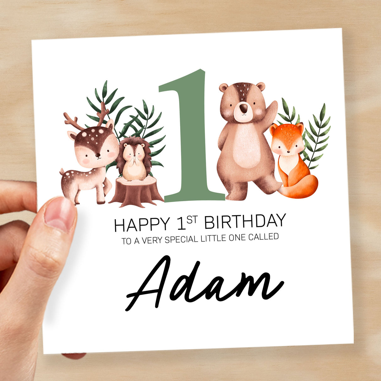 Personalised 1st Birthday Children's Card Woodland Themed First Birthday Card For Boy or Girl One Year Custom Card