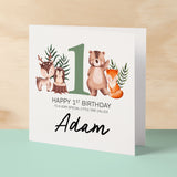 Personalised 1st Birthday Children's Card Woodland Themed First Birthday Card For Boy or Girl One Year Custom Card