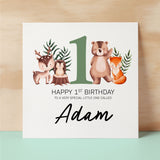 Personalised 1st Birthday Children's Card Woodland Themed First Birthday Card For Boy or Girl One Year Custom Card