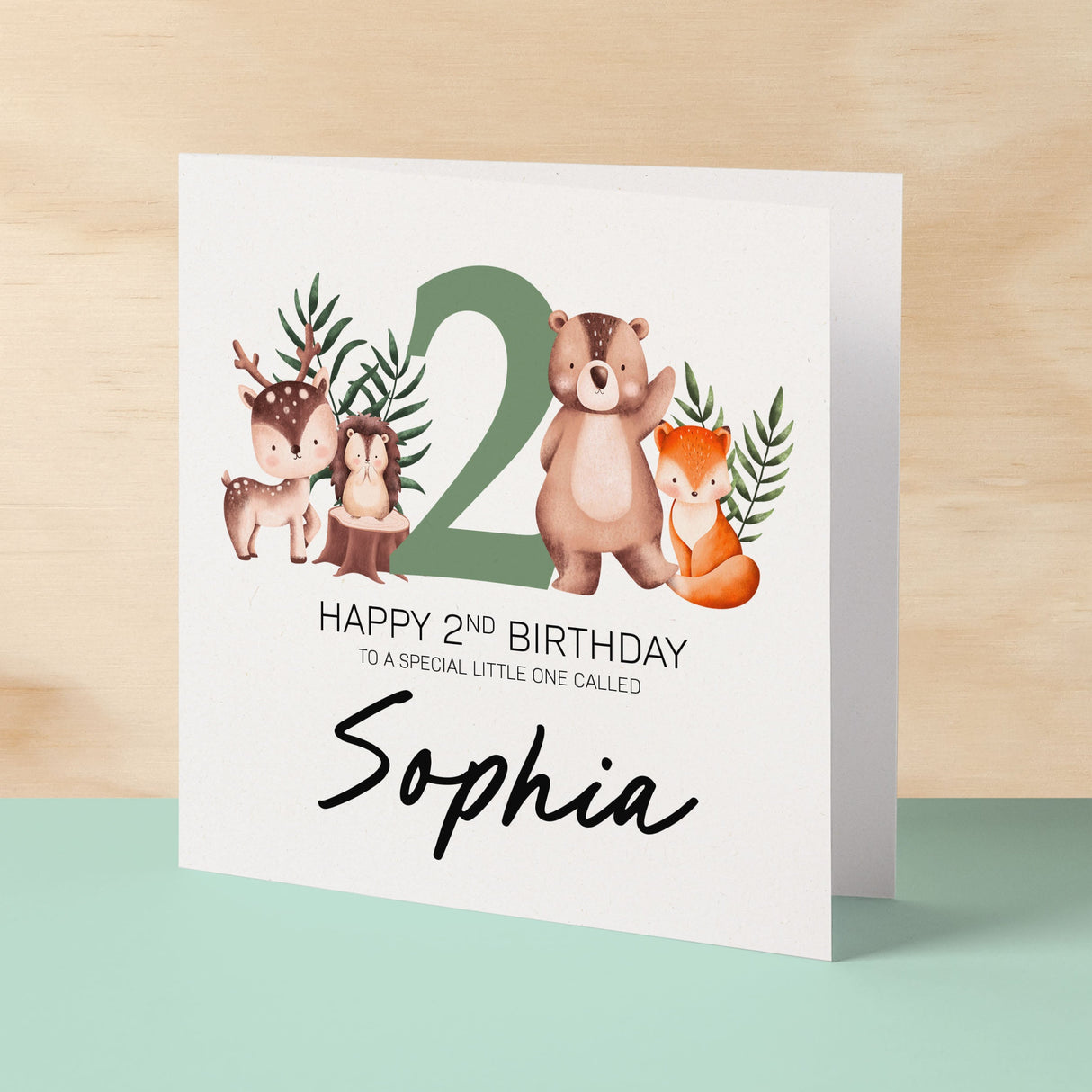 Personalised 2nd Birthday Children's Card Woodland Themed Second Birthday Card For Boy or Girl Two Years Custom Card