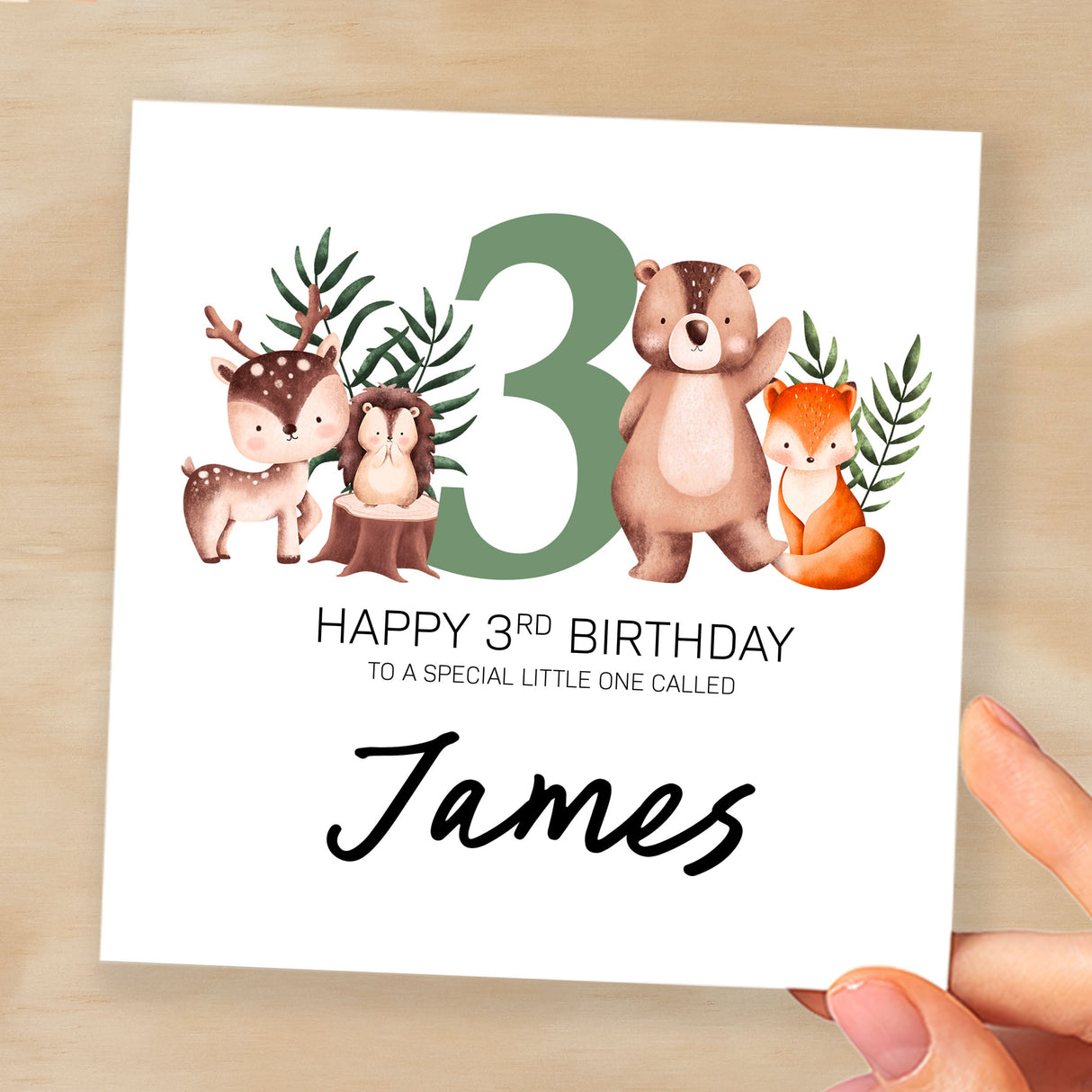 Personalised 3rd Birthday Children's Card Woodland Themed Third Birthday Card For Boy or Girl Three Years Custom Card