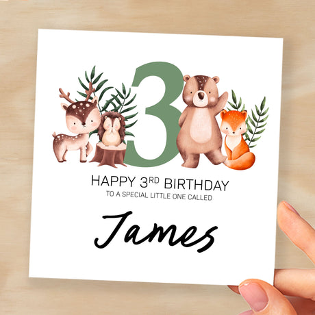 Personalised 3rd Birthday Children's Card Woodland Themed Third Birthday Card For Boy or Girl Three Years Custom Card