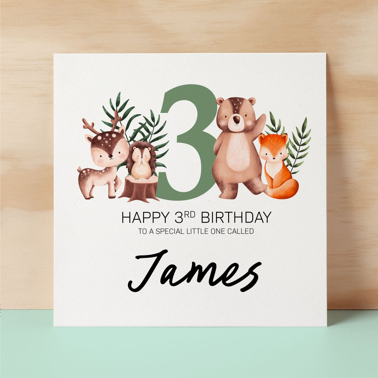 Personalised 3rd Birthday Children's Card Woodland Themed Third Birthday Card For Boy or Girl Three Years Custom Card