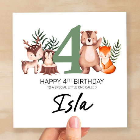 Personalised 4th Birthday Children's Card Woodland Themed Fourth Birthday Card For Boy or Girl Four Years Custom Card