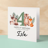 Personalised 4th Birthday Children's Card Woodland Themed Fourth Birthday Card For Boy or Girl Four Years Custom Card