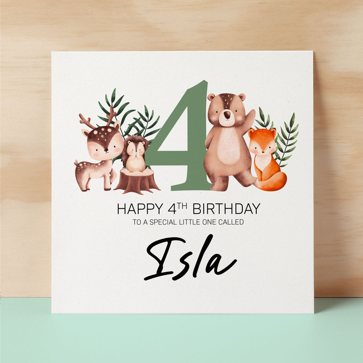 Personalised 4th Birthday Children's Card Woodland Themed Fourth Birthday Card For Boy or Girl Four Years Custom Card