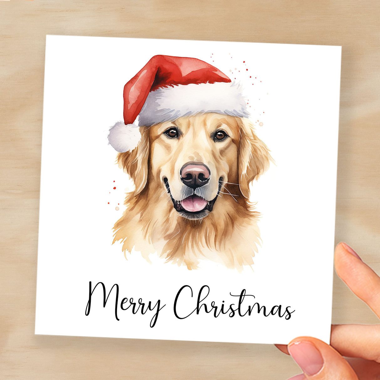 Fun Christmas Card of a Golden Retriever Dog Wearing A Santa Hat Whimsical Watercolour Christmas Card For Animal Lover For Him or Her