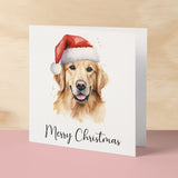 Fun Christmas Card of a Golden Retriever Dog Wearing A Santa Hat Whimsical Watercolour Christmas Card For Animal Lover For Him or Her