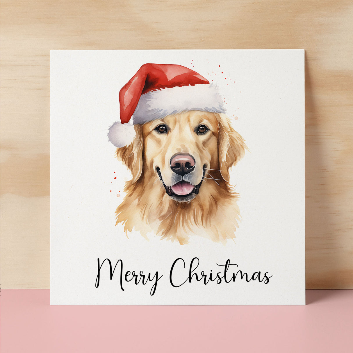 Fun Christmas Card of a Golden Retriever Dog Wearing A Santa Hat Whimsical Watercolour Christmas Card For Animal Lover For Him or Her